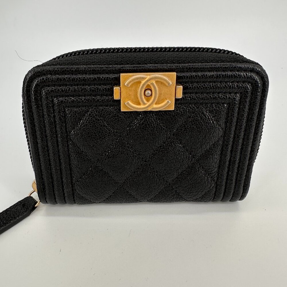 Chanel Caviar Quilted Boy Zip Around Coin Purse Wallet Black